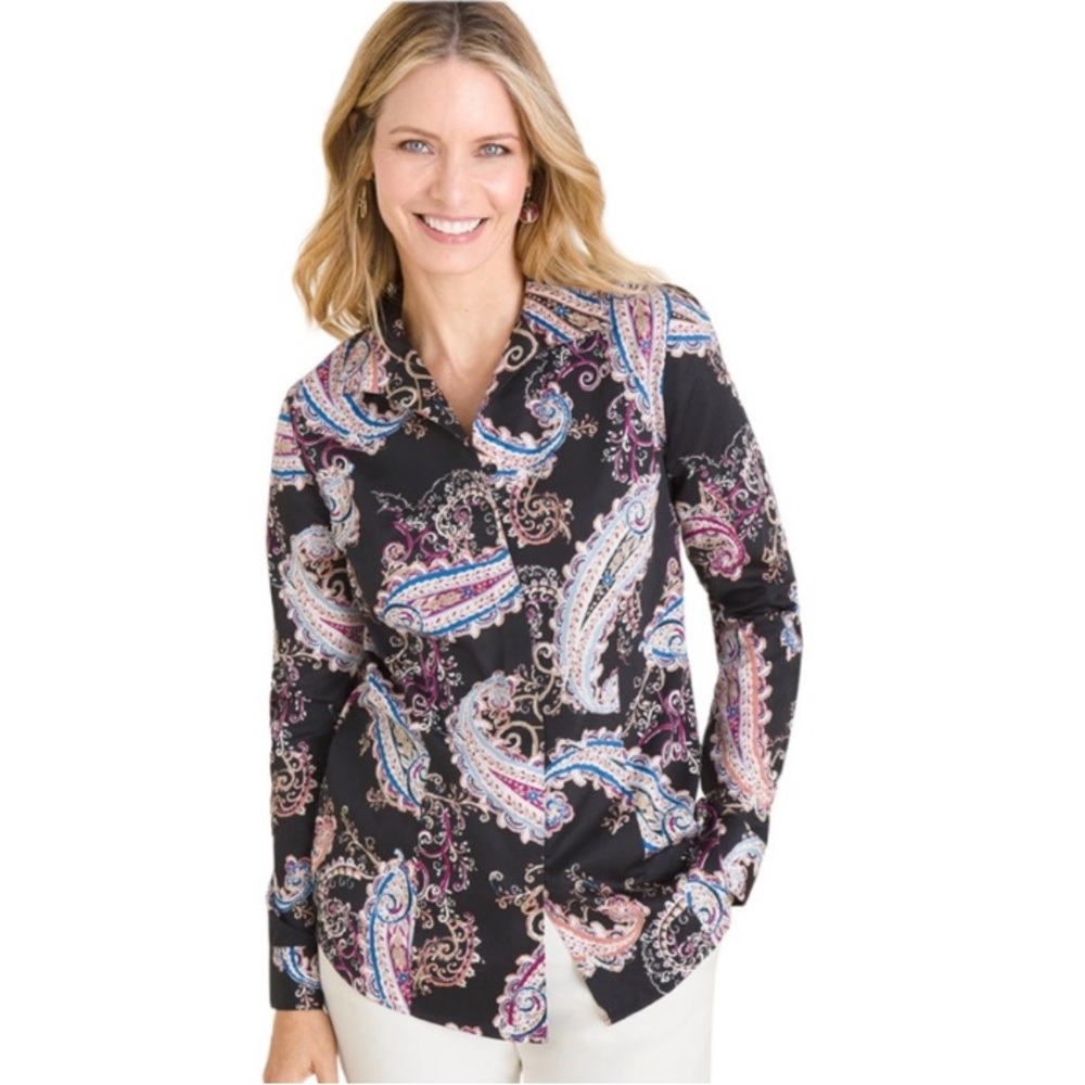 Chico's No-Iron Sateen Paisley Wing-Collar Shirt.
size 0 (XS)